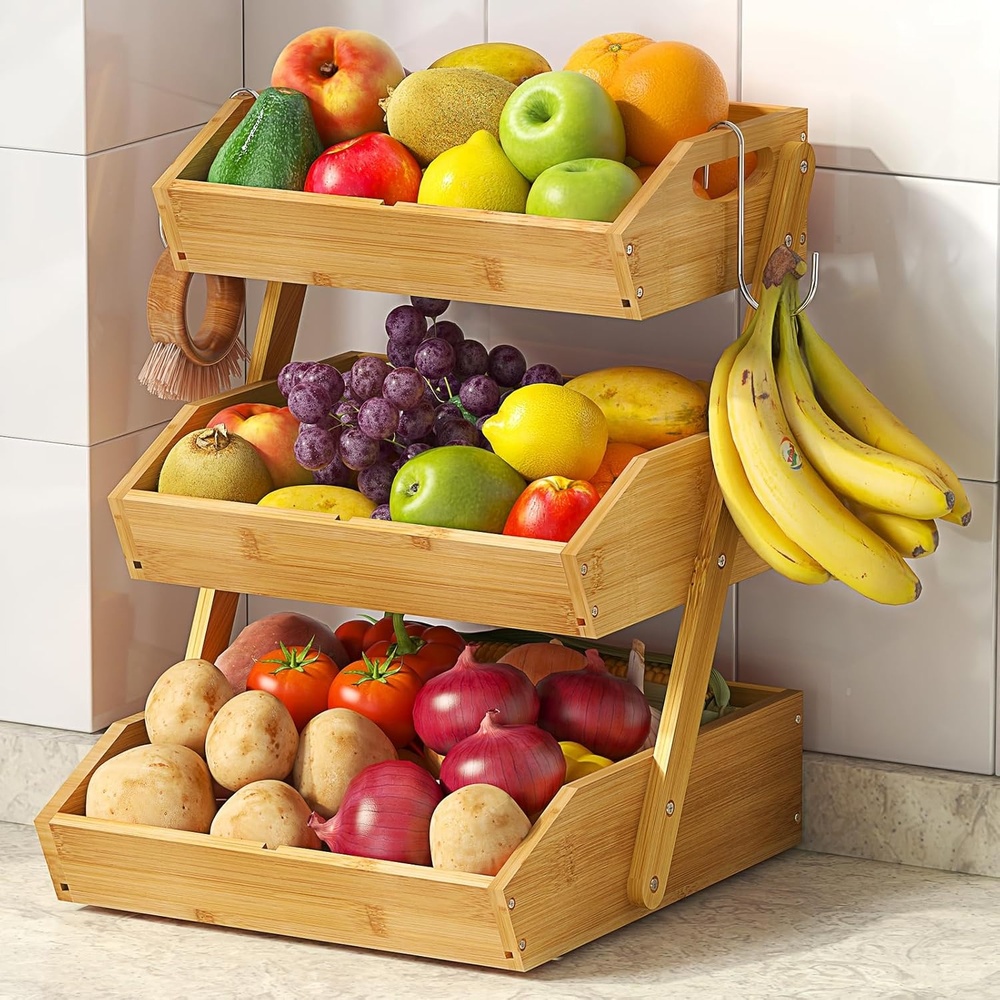 image:imageSevenblue 3 Tier Large Bamboo Fruit Basket for Kitchen Counter with 2 Banana Holders Kitchen Countertop Organizer with Protective Mats Tiered Fruit Bowl for Bread Snack Veggies with Dividers3 Tier