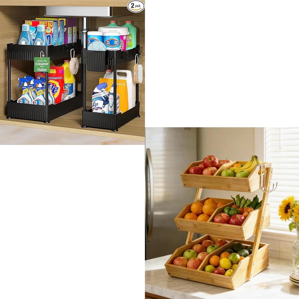 image:imageSevenblue 3 Tier Wooden Fruit Basket with 2 Mobile Banana Holders 2 Pack Under Sink Organizer with Hooks Hanging Cup