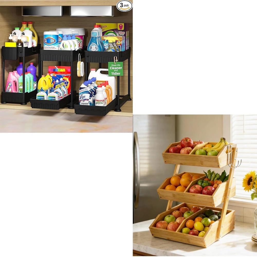 image:imageSevenblue 3 Tier Wooden Fruit Basket with 2 Mobile Banana Holders Height Adjustable 2 Packs Under Sink Organizer