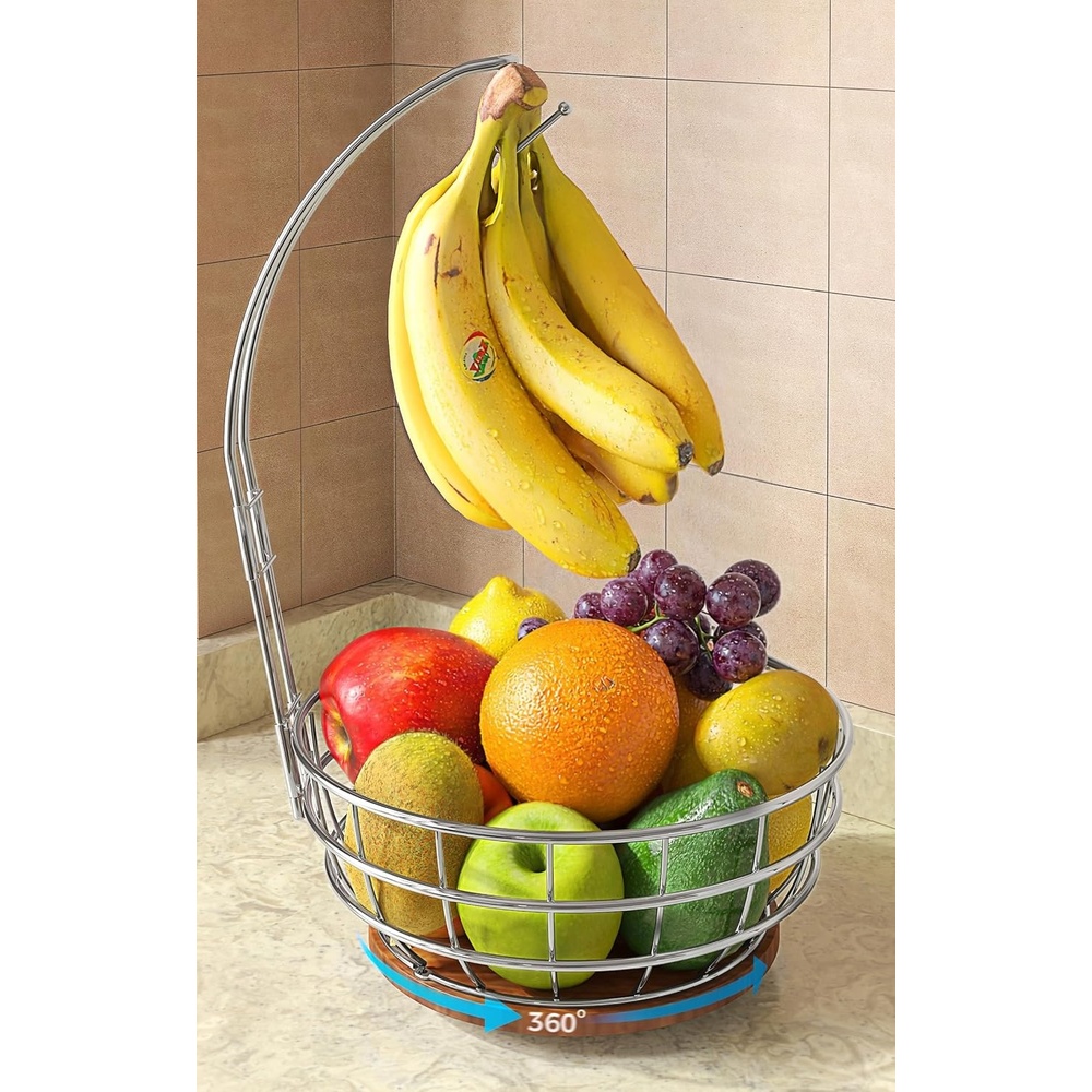 image:imageSevenblue 360Rotating Fruit Basket for Kitchen Counter with Upgraded Banana Hanger 2026 Pro Metal Countertop Fruit and Vegetable Basket Bowl Storage with Wooden NonSlip Base BlackSilver