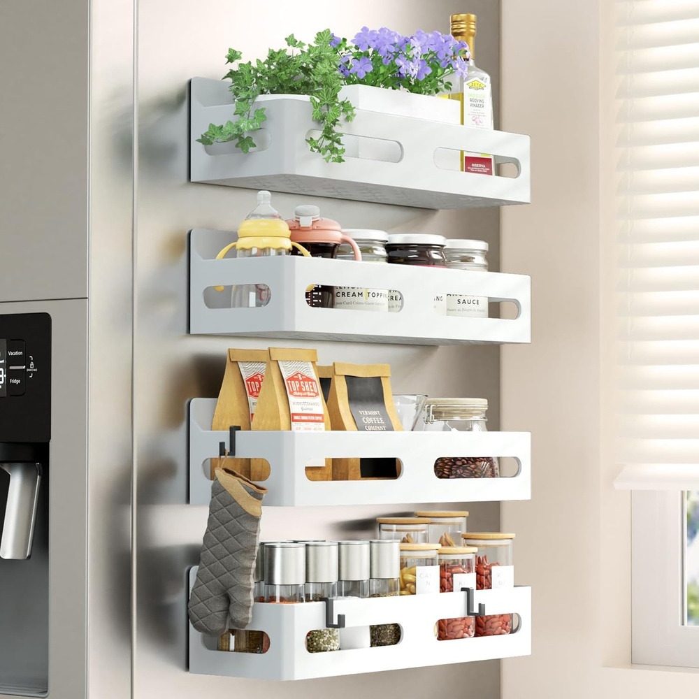 image:imageSevenblue 4 Pack Strong Magnetic Spice Rack for Refrigerator Multipurpose Magnetic Shelf for Fridge with 4 Hooks for Kitchen and Bathroom Organization BlackWhite