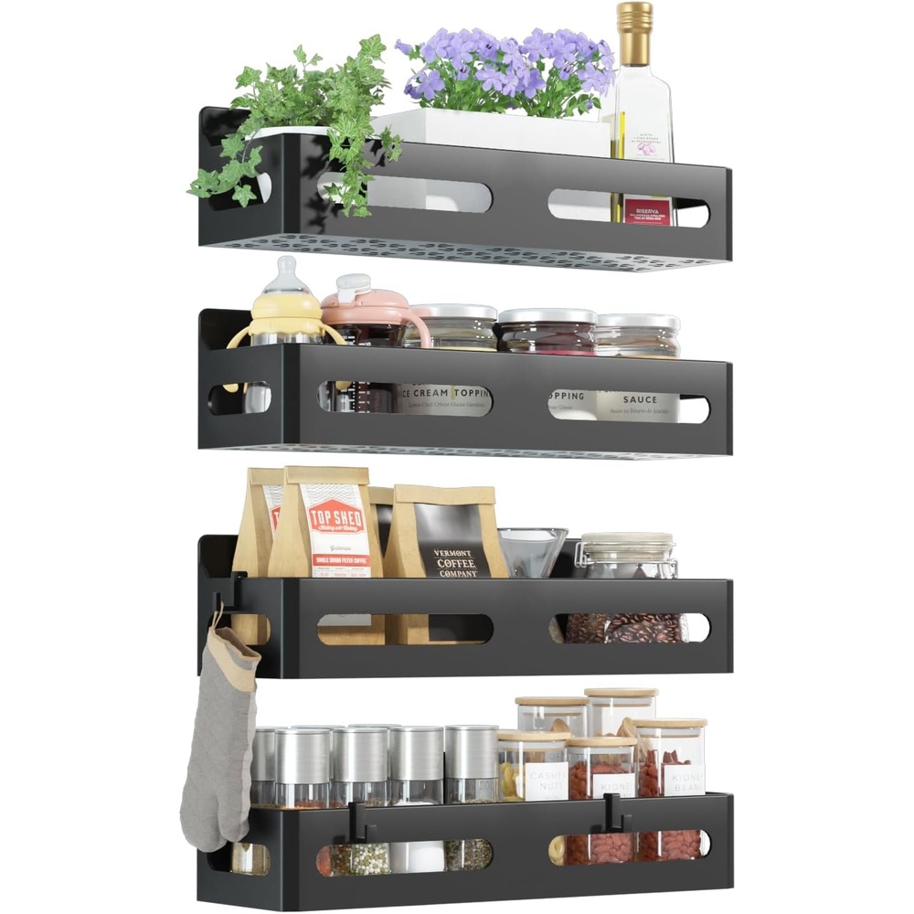 image:imageSevenblue 4 Pack Strong Magnetic Spice Rack for Refrigerator Multipurpose Magnetic Shelf for Fridge with 4 Hooks for Kitchen and Bathroom Organization BlackBlack