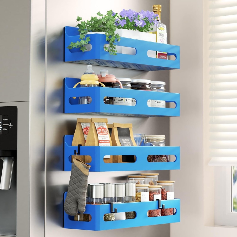 image:imageSevenblue 4 Pack Strong Magnetic Spice Rack for Refrigerator Multipurpose Magnetic Shelf for Fridge with 4 Hooks for Kitchen and Bathroom Organization BlackBlue