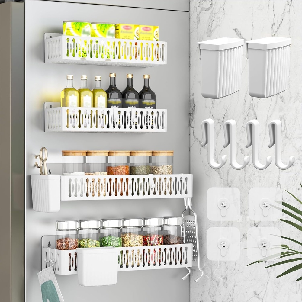 image:imageSevenblue 4 Pack Strong Magnetic Spice Rack for Refrigerator Multipurpose Magnetic Shelf for Fridge with 4 Hooks for kitchen and Bathroom Organization GreyWhiteold
