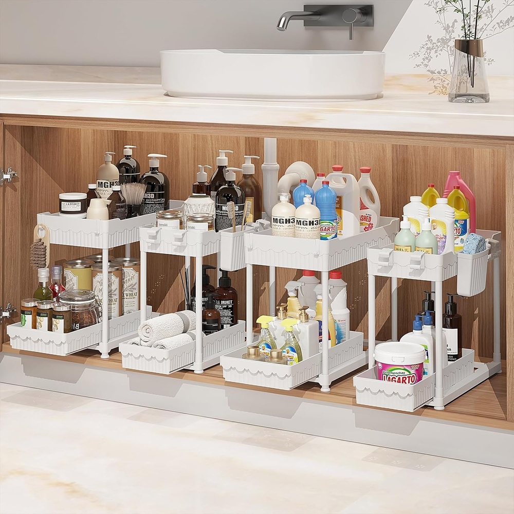 image:imageSevenblue 4 Pack Under Sink Organizer Bathroom Organizers and Storage 2 Tier MultiUse Pull Out Cabinet Organizer with Hang Hooks and Cups Black 4 PackWhite