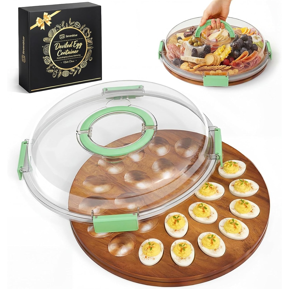 image:imageSevenblue Acacia Wood Deviled Egg Containers with Lid and Handle Portable Deviled Egg Platter for Easter Potlucks amp Party Reversible Charcuterie Board Cutting BoardGreen