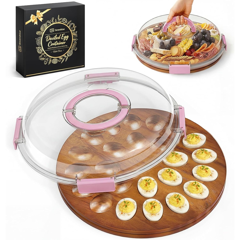 image:imageSevenblue Acacia Wood Deviled Egg Containers with Lid and Handle Portable Deviled Egg Platter for Easter Potlucks amp Party Reversible Charcuterie Board Cutting BoardPink