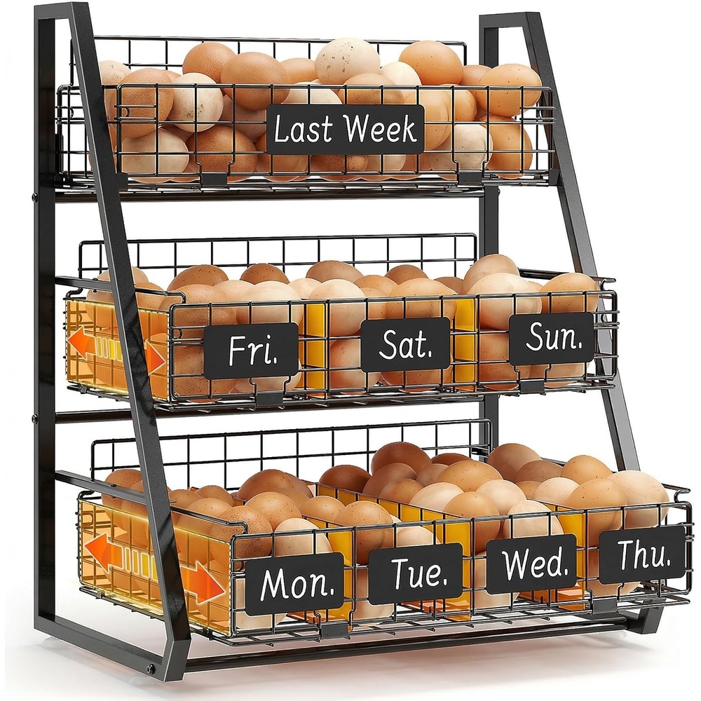 image:imageSevenblue Egg Holder Countertop with 3 Tier PullOut Wire Baskets amp Sturdy Frame Egg Basket with 5 Adjustable Dividers amp Date Tags for Gathering Fresh Eggs Chicken Coop Accessories BlackBlack