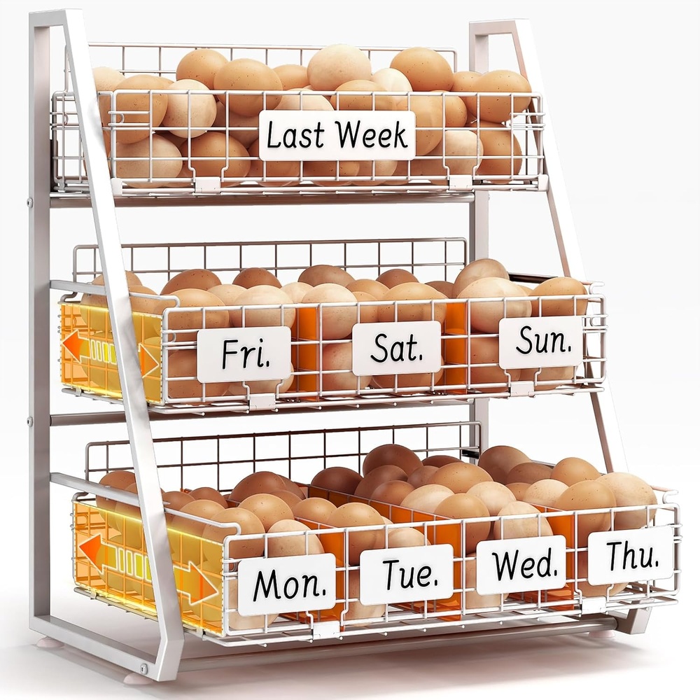image:imageSevenblue Egg Holder Countertop with 3 Tier PullOut Wire Baskets amp Sturdy Frame Egg Basket with 5 Adjustable Dividers amp Date Tags for Gathering Fresh Eggs Chicken Coop Accessories BlackWhite