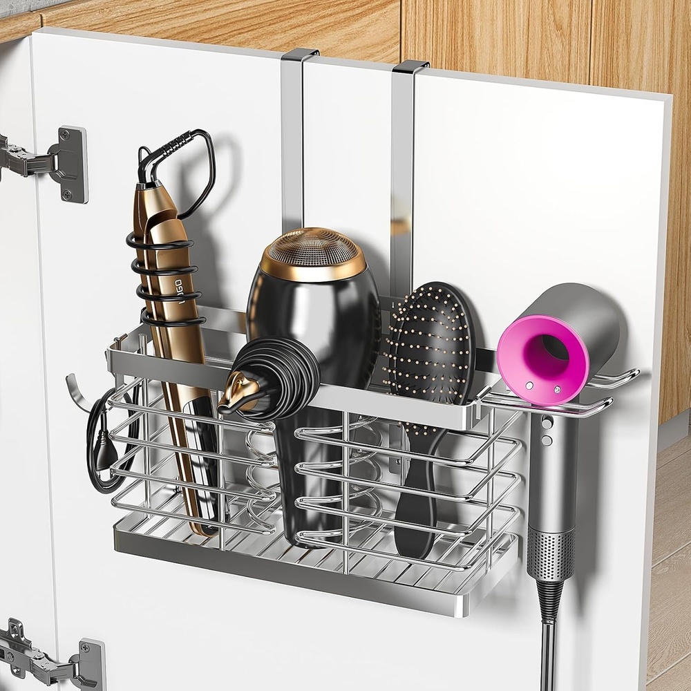 image:imageSevenblue Hair Tool Organizer 2026 Upgraded 3in1 Universal Hair Dryer Holder Adjustable Height Metal Blow Dryer Holder Wall MountedOver Cabinet DoorFreeStanding BlackStandard Silver