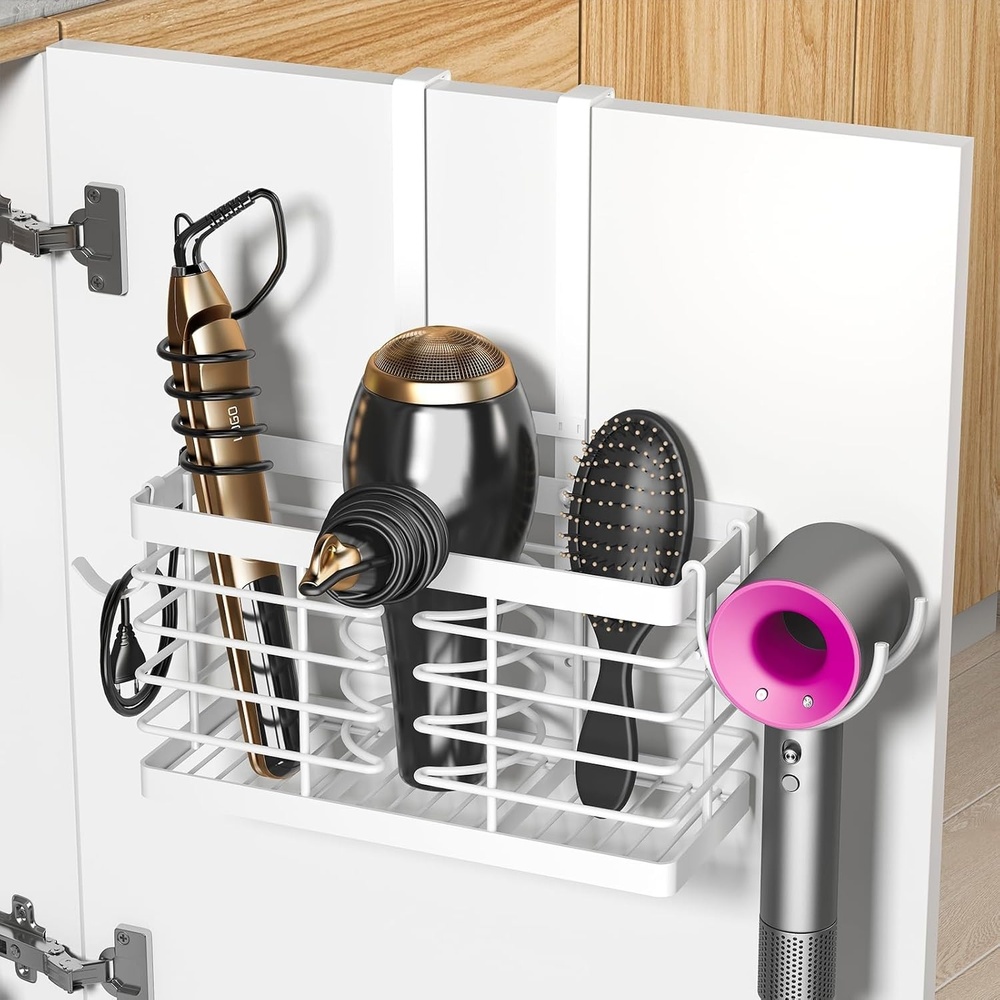 image:imageSevenblue Hair Tool Organizer 2026 Upgraded 3in1 Universal Hair Dryer Holder Adjustable Height Metal Blow Dryer Holder Wall MountedOver Cabinet DoorFreeStanding BlackStandard White