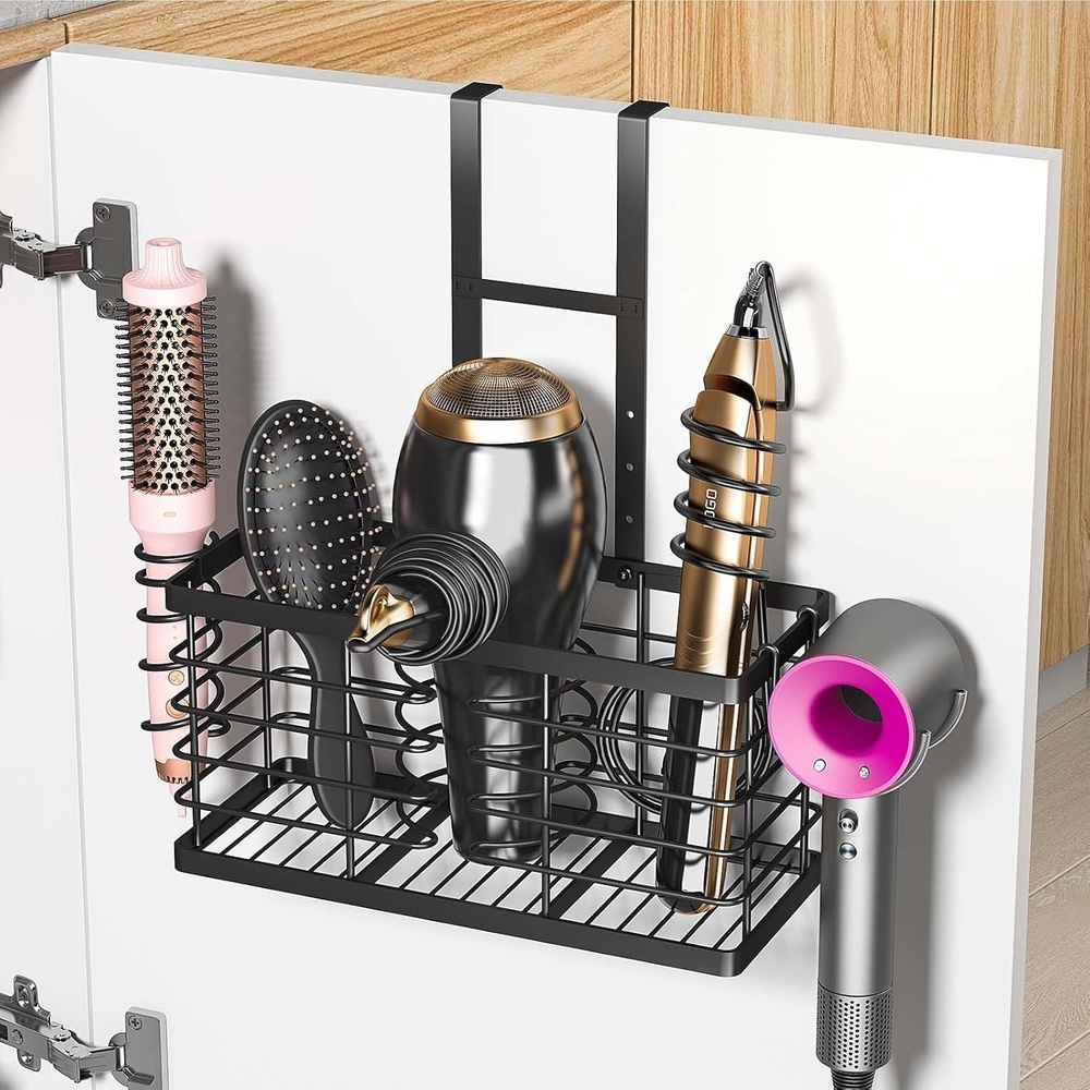 image:imageSevenblue Hair Tool Organizer 2026 Upgraded 3in1 Universal Hair Dryer Holder Adjustable Height Metal Blow Dryer Holder Wall MountedOver Cabinet DoorFreeStanding BlackXL Black
