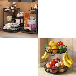image:image2 Tier Fruit Basket for Kitchen Counter with 2 Banana Hangers 2 Packe of Metal Under Sink Organizers for Kitchen and Bathroom