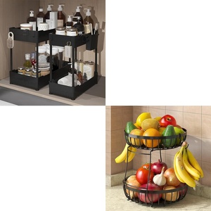 image:image2 Tier Fruit Basket for Kitchen Counter with 2 Banana Hangers 2 Packe of Under Sink Organizers with Hooks Hanging Cup for Kitchen and Bathroom