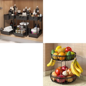 image:image2 Tier Fruit Basket for Kitchen Counter with 2 Banana Hangers 3 Packe of MultiUse Under Sink Organizers for Kitchen and Bathroom