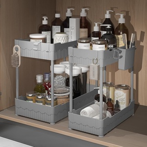 image:imageSevenblue 2 Pack Under Sink Organizer Under Bathroom Cabinet Organizer with Hooks Hanging Cup MultiPurpose Storage Shelf for Kitchen Bathroom BlackGray