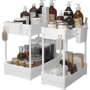 image:imageSevenblue 2 Pack Under Sink Organizer Under Bathroom Cabinet Organizer with Hooks Hanging Cup MultiPurpose Storage Shelf for Kitchen Bathroom BlackWhite