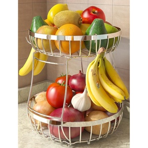 image:imageSevenblue 2 Tier Large Fruit Basket for Kitchen Counter with 2 Banana Hangers Metal Stackable Fruit Bowl for Kitchen Counter for Bread Vegetable Fruits BlackSilver
