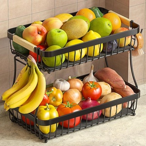 image:imageSevenblue 2 Tier Large Fruit Basket for Kitchen Counter with 2 Mobile Banana Hangers 2026 Pro Detachable Metal Fruit Bowl with Wooden Handle Silver 2 Tier Extra LargeBlack