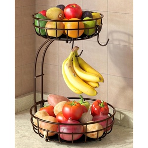 image:imageSevenblue 2 Tier Large Fruit Basket for Kitchen Counter with Removable Banana Hanger  Sturdy Iron Fruit Bowl for Kitchen Counter and Vegetable Holder Fruit Holder for Home Decor BlackBrown