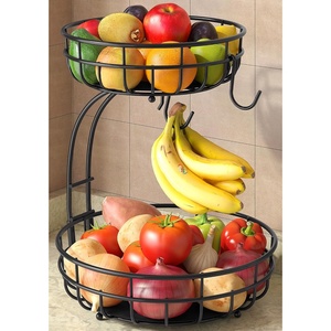 image:imageSevenblue 2 Tier Large Fruit Basket for Kitchen Counter with Removable Banana Hanger  Sturdy Iron Fruit Bowl for Kitchen Counter and Vegetable Holder Fruit Holder for Home Decor BlackBlack