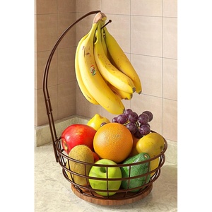 image:imageSevenblue 360Rotating Fruit Basket for Kitchen Counter with Upgraded Banana Hanger 2026 Pro Metal Countertop Fruit and Vegetable Basket Bowl Storage with Wooden NonSlip Base BlackBrown