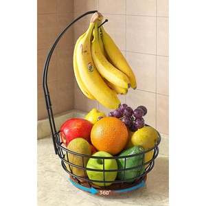 image:imageSevenblue 360Rotating Fruit Basket for Kitchen Counter with Upgraded Banana Hanger 2026 Pro Metal Countertop Fruit and Vegetable Basket Bowl Storage with Wooden NonSlip Base BlackBlack