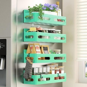 image:imageSevenblue 4 Pack Strong Magnetic Spice Rack for Refrigerator Multipurpose Magnetic Shelf for Fridge with 4 Hooks for Kitchen and Bathroom Organization BlackGreen