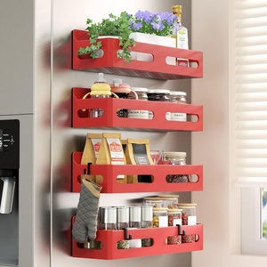 image:imageSevenblue 4 Pack Strong Magnetic Spice Rack for Refrigerator Multipurpose Magnetic Shelf for Fridge with 4 Hooks for Kitchen and Bathroom Organization BlackRed