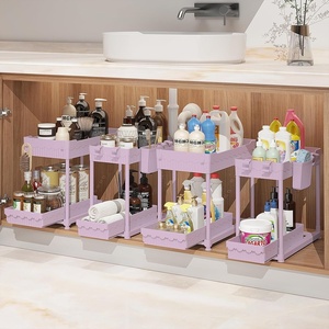 image:imageSevenblue 4 Pack Under Sink Organizer Bathroom Organizers and Storage 2 Tier MultiUse Pull Out Cabinet Organizer with Hang Hooks and Cups Black 4 PackPink