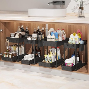 image:imageSevenblue 4 Pack Under Sink Organizer Bathroom Organizers and Storage 2 Tier MultiUse Pull Out Cabinet Organizer with Hang Hooks and Cups Black 4 PackBlack